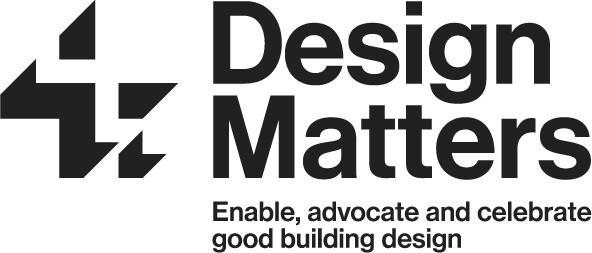 A logo with black geometric shapes forming an abstract design on the left and the text "Design Matters Insurance" on the right. Below, smaller text reads "Enable, advocate and celebrate good building design.