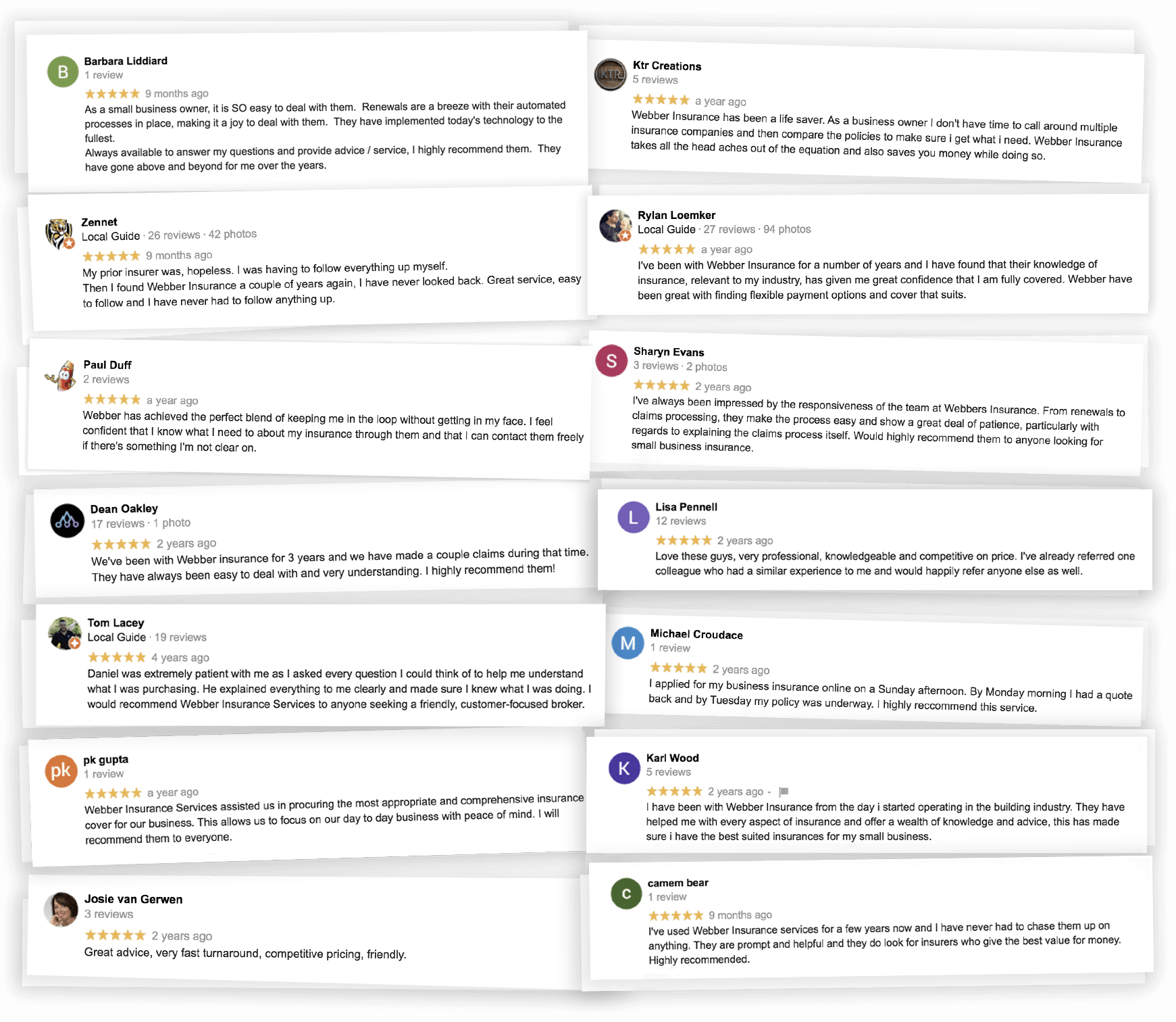 A collage of several customer reviews, each with a star rating, profile photo, user name, and the detailed text of their experience. Users express their satisfaction with great service, friendly staff, and efficient handling of claims. Ratings are generally high, confirming consistent excellence in service.