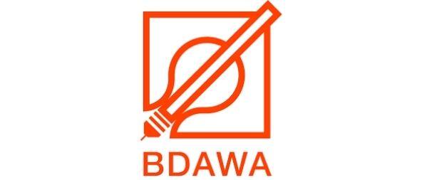 The image shows the logo of BDAWA, featuring a transparent guitar outline inside an orange square. A diagonal orange pencil overlaps the guitar image, forming a crossed visual effect. The text "BDAWA" is written in bold orange letters beneath the square, welcoming you to explore their creative world.