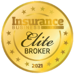 A gold badge with the text "Insurance Business America Elite Broker 2021" in the center. The badge, symbolizing excellence in Professional Indemnity Insurance, is adorned with a series of stars along the edge.